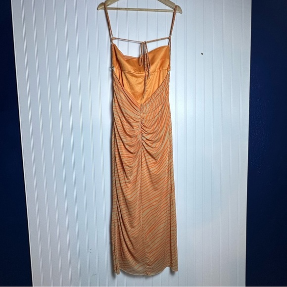 Zara Draped printed orange tulle Elegant Peach Spaghetti Strap Dress XL NWT - Picture 8 of 12